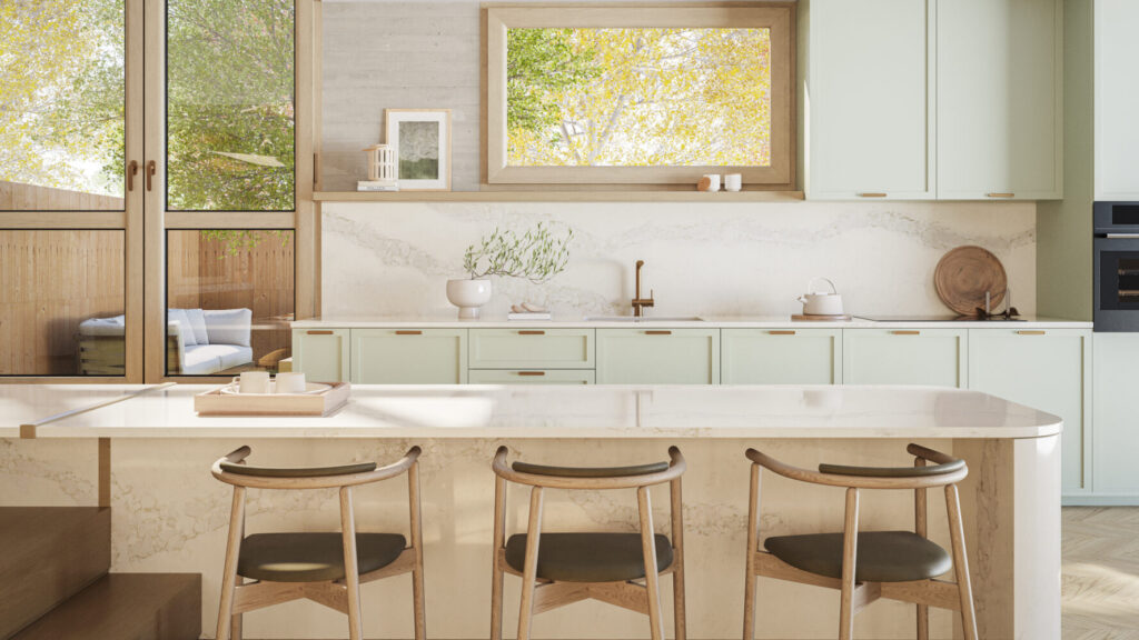 Bright kitchen featuring Calacatta Stillstorm countertop with greenish yellow accents and pale grey veining.