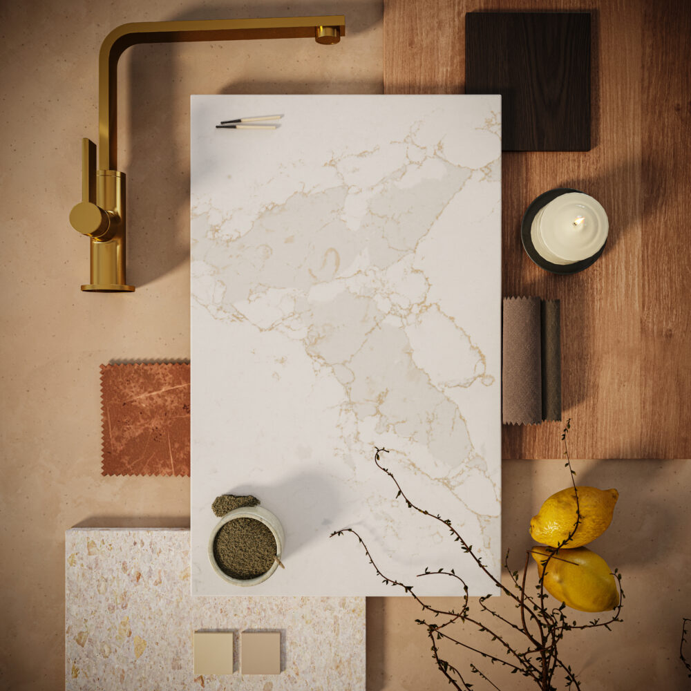 5116 Calacatta Nectar countertop featuring a radiant white base with golden veins, perfect for luxurious designs.