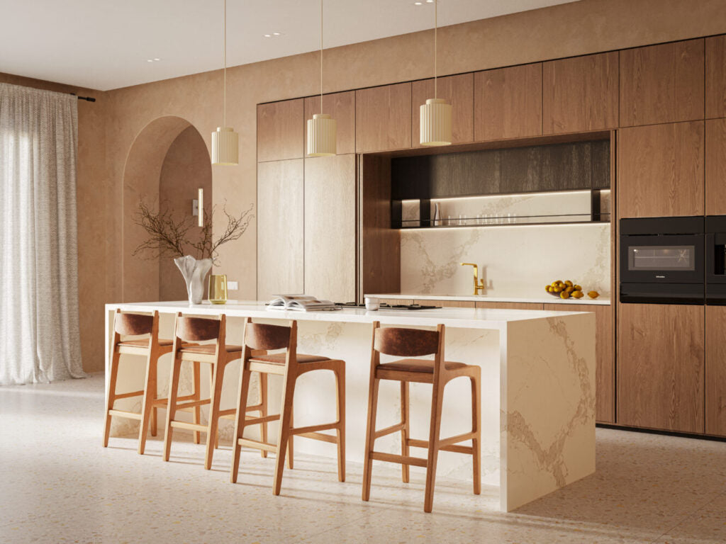 Modern kitchen showcasing 5116 Calacatta Nectar countertop with wooden cabinets and stylish bar stools.