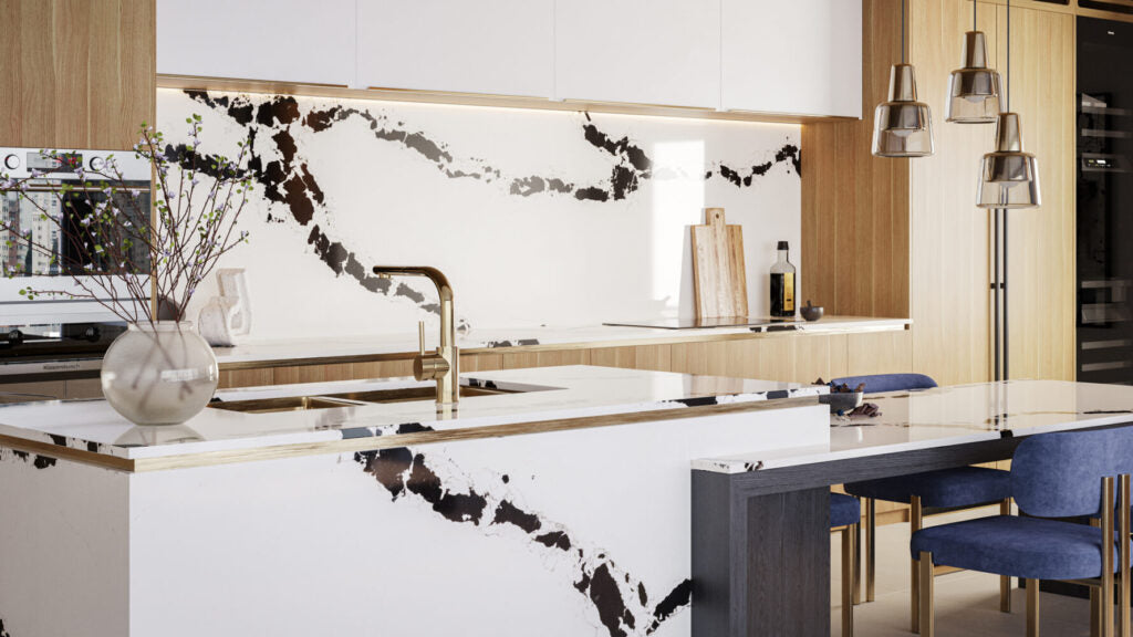 Modern kitchen featuring 5118 Calacatta Scoria countertop with bold black veins and white backdrop.