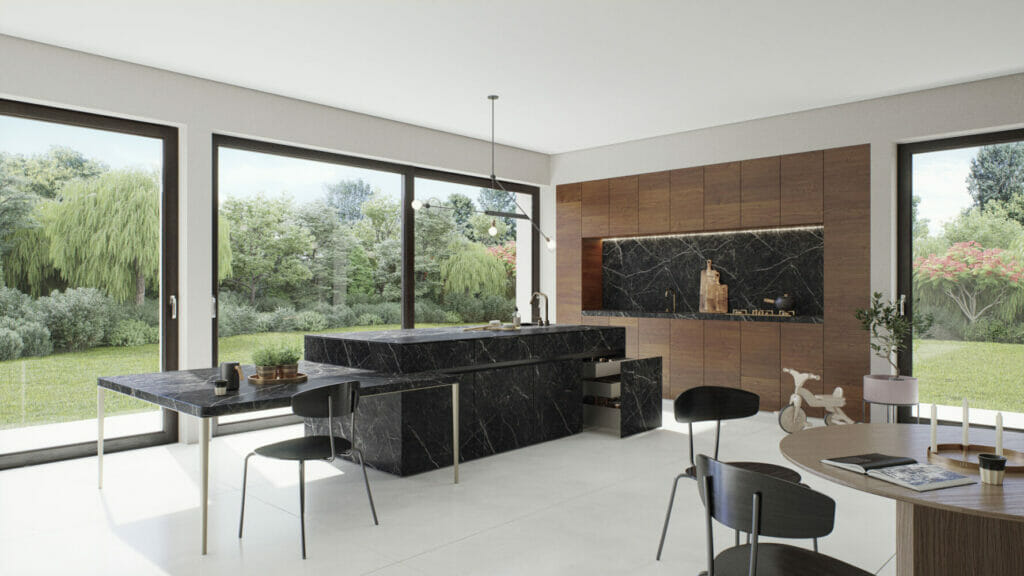 Elegant kitchen featuring 511 Smokestone marble surfaces and modern furniture, surrounded by lush greenery.