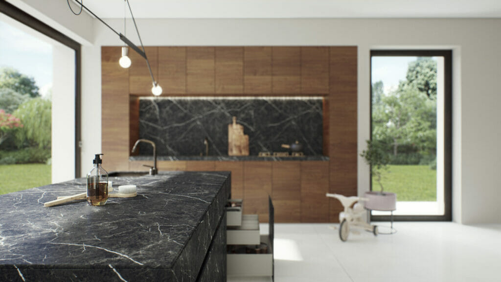Luxurious kitchen featuring 511 Smokestone marble countertop with black and white veining, set in a modern design.
