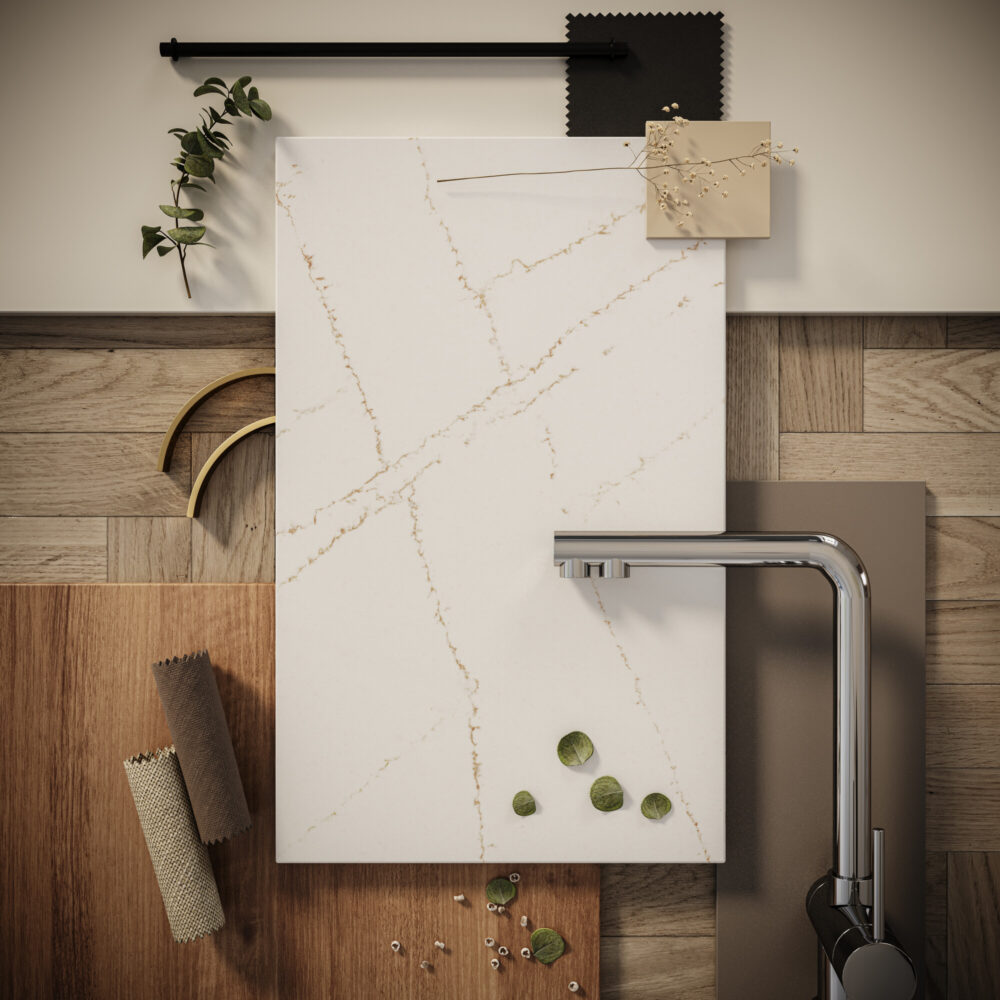 5122 Aterra Verity countertop with bronze and copper veining on white surface, integrated in a modern kitchen setting.