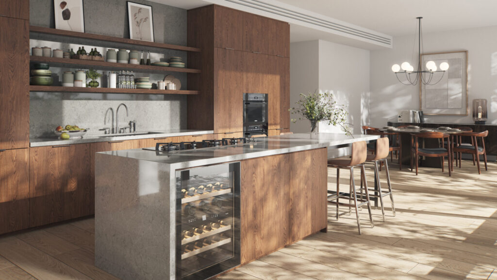 Modern kitchen with wooden cabinetry, sleek countertops, and a wine cooler, featuring natural light and elegant decor.