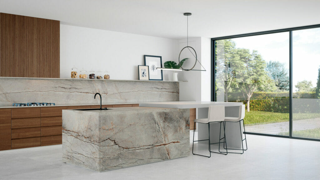 Modern kitchen featuring 513 Striata countertop with earthy tones and unique veining in a stylish, contemporary setting.
