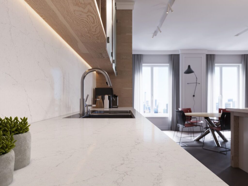 Dreamy Carrara countertop with elegant white and grey veining, enhancing modern kitchen aesthetics.