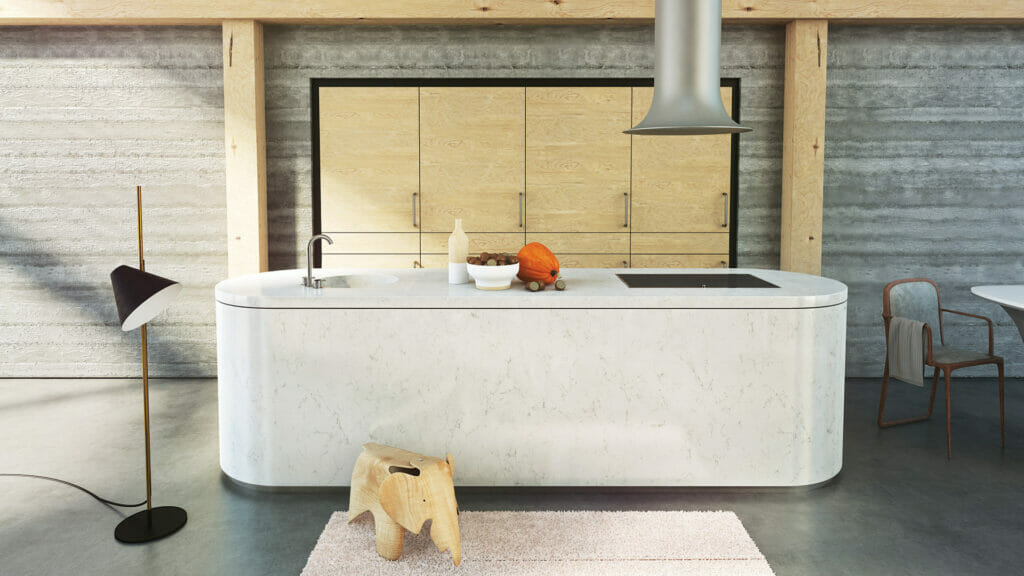 Modern kitchen featuring 5141 Frosty Carrina countertop with powdery-grey veining, elegant decor, and contemporary design.