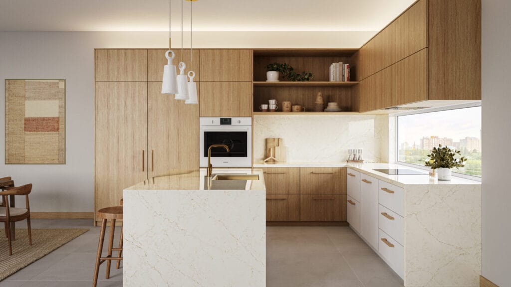 Modern kitchen featuring 5144 Rossa Nova countertop and warm wood cabinetry, showcasing an elegant and inviting design.