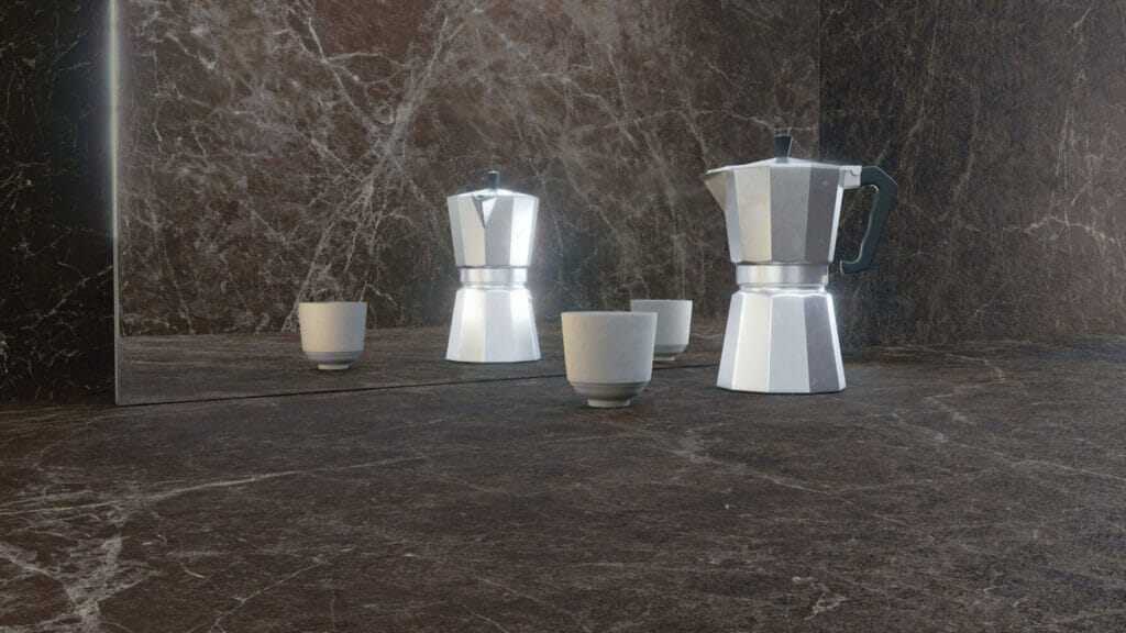 Beautiful kitchen scene with espresso maker and ceramic cups on a dark marble countertop featuring rich earthy tones.