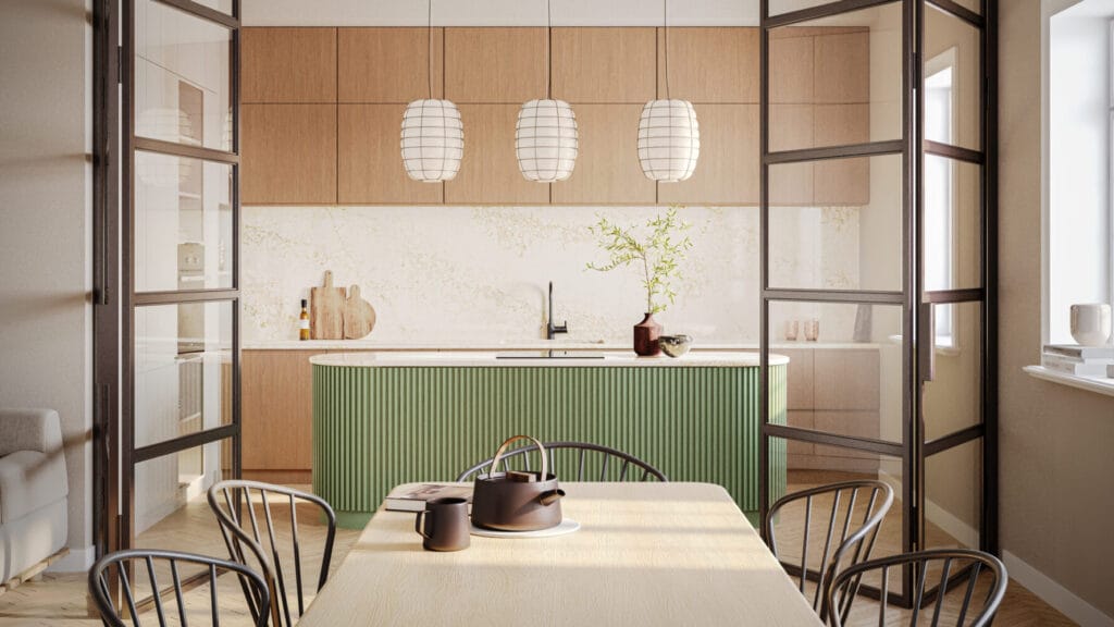 Modern kitchen with glass doors, wooden cabinets, an island in green with a cozy dining area.