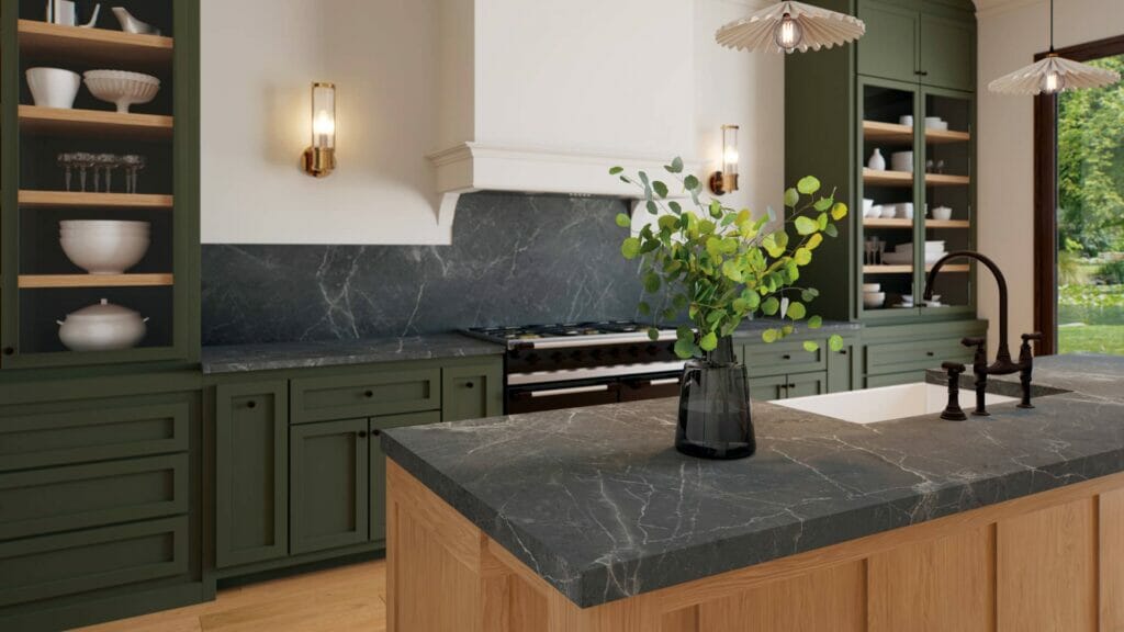 Modern kitchen featuring 516 Locura dark grey stone countertops with warm brown accents and elegant cabinetry.