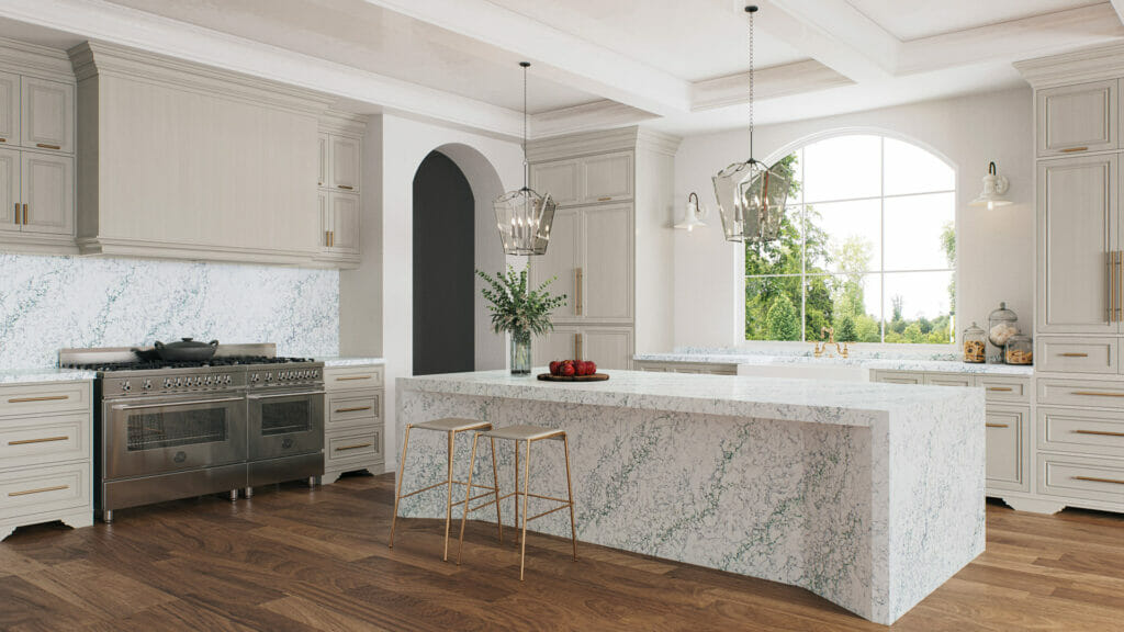 Modern kitchen featuring 5171 Arabetto stone with grey stripes and jade accents on a spacious island.