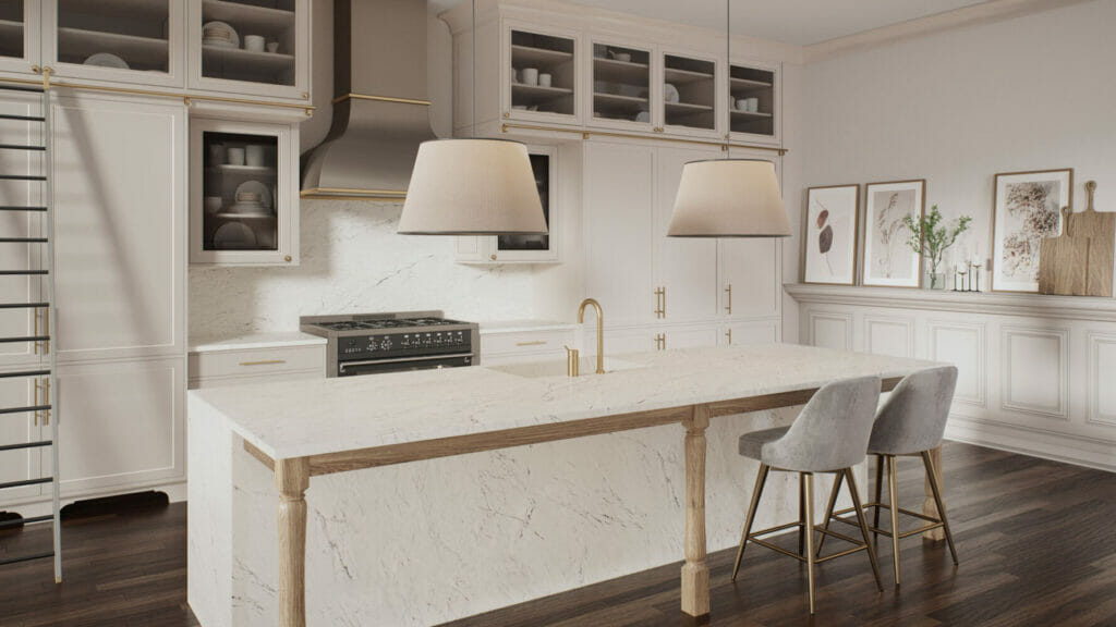 Stylish modern kitchen featuring a white marble island, sleek cabinetry, and elegant lighting fixtures.