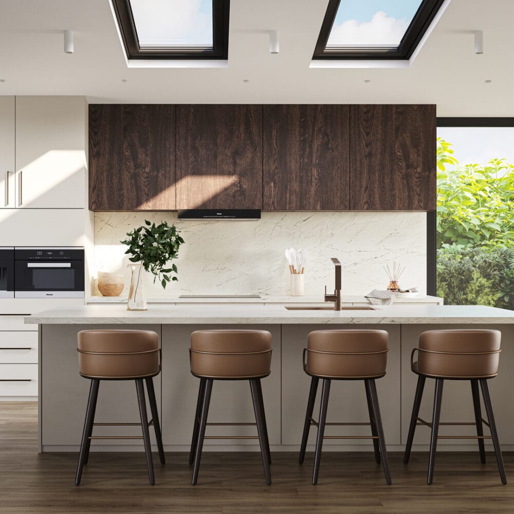 Modern kitchen featuring a sleek white countertop, brown bar stools, and large windows with natural light.
