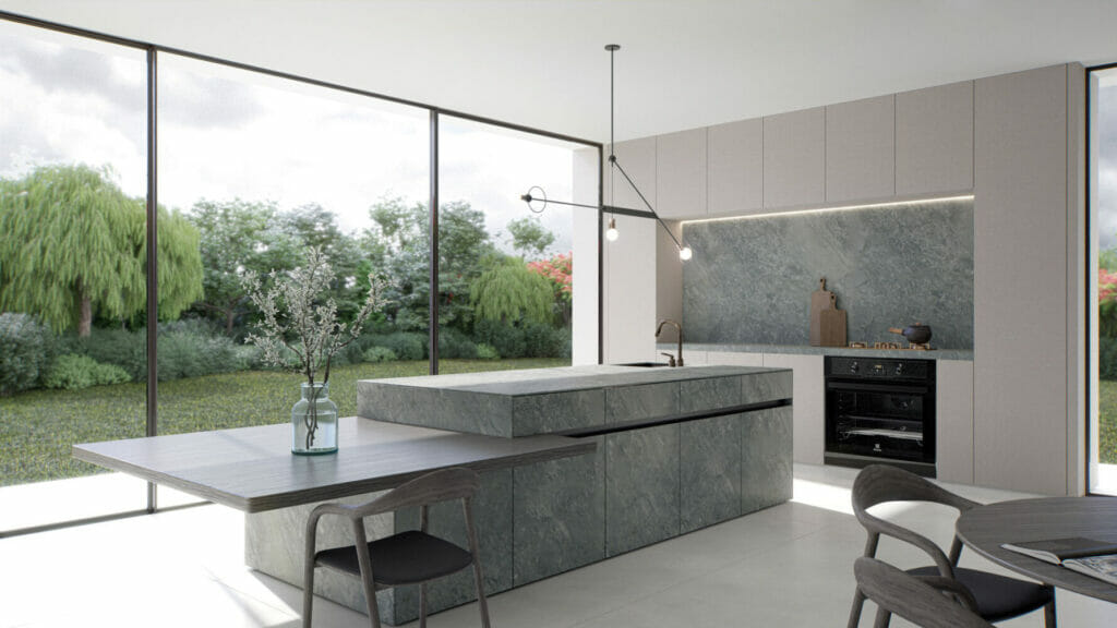 Modern kitchen featuring a sleek island with 533 Silverdrop surface, large windows, and a serene garden view.