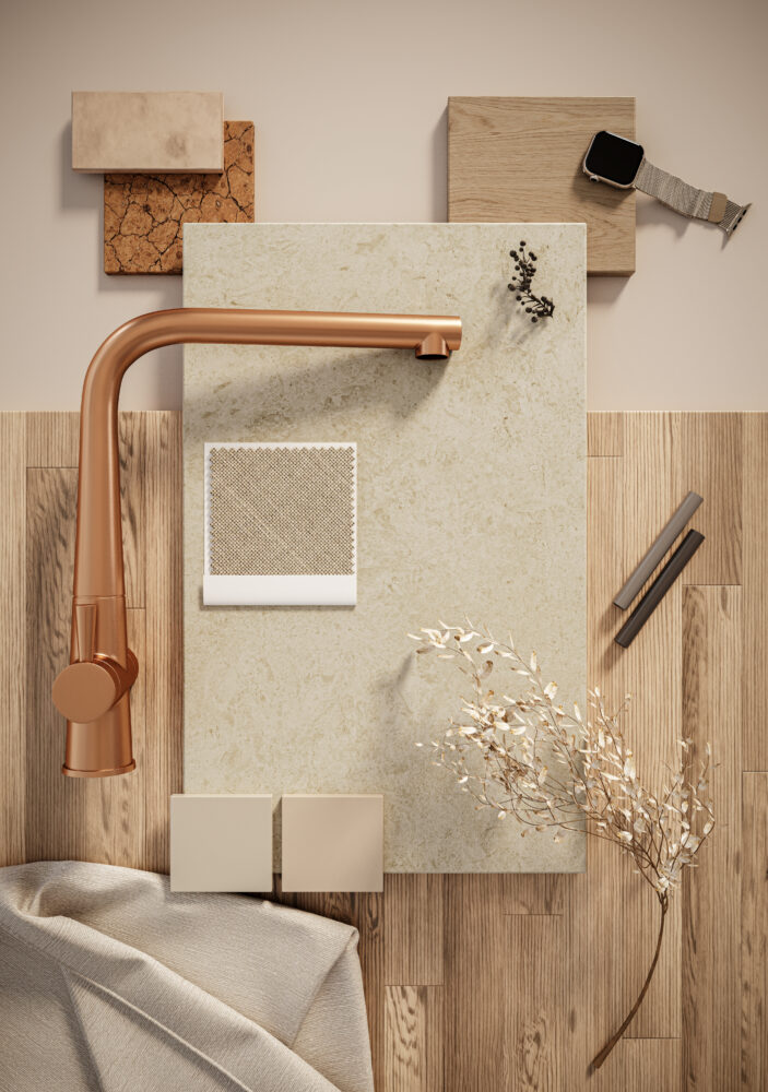 Flat lay of 543 Marenstone with neutral tones and copper faucet, showcasing design elements and textures.