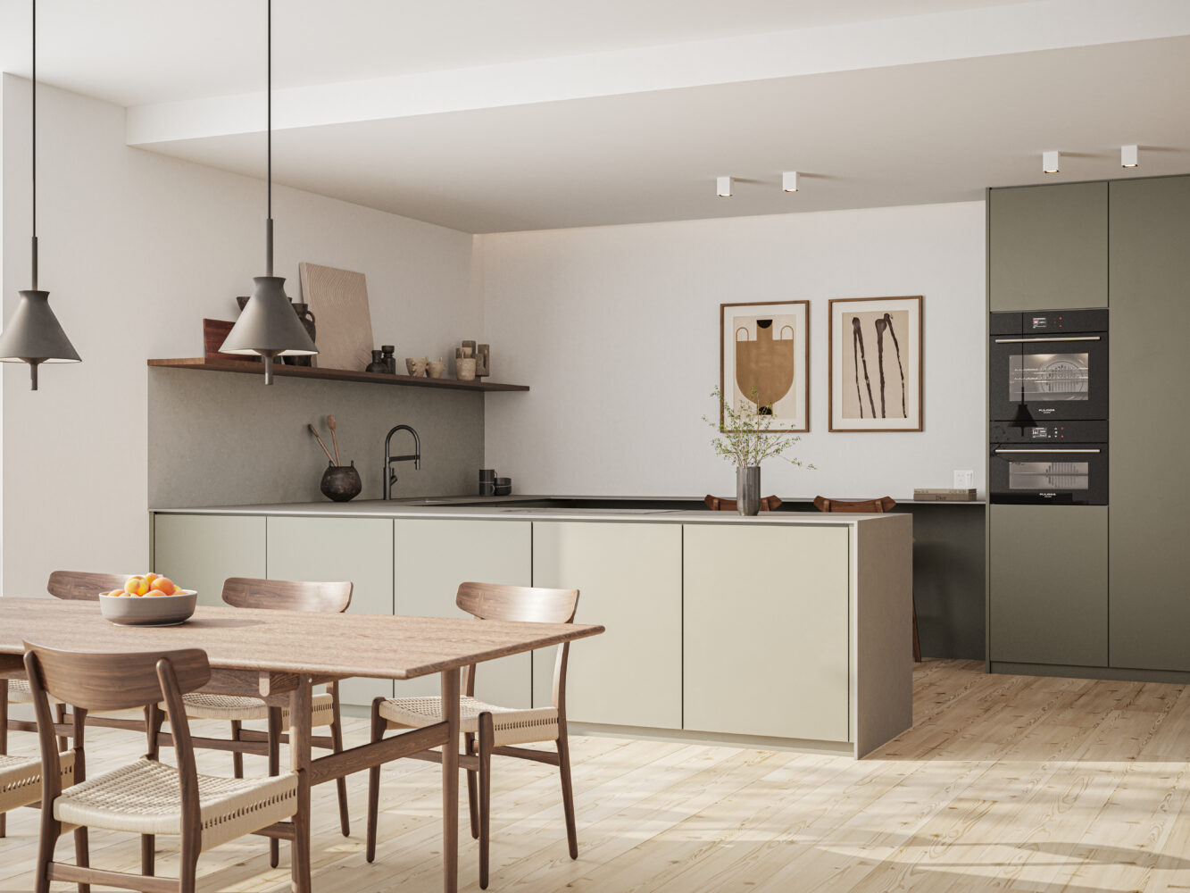 Modern kitchen design featuring neutral cabinets, wooden dining table, and stylish decor with warm tones.