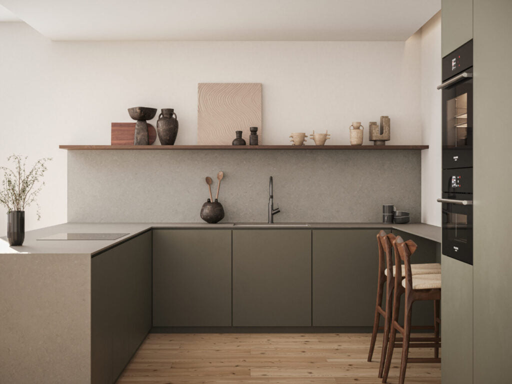 Modern kitchen design featuring neutral grey and earthy tones with stylish decor accessories and natural wood flooring.