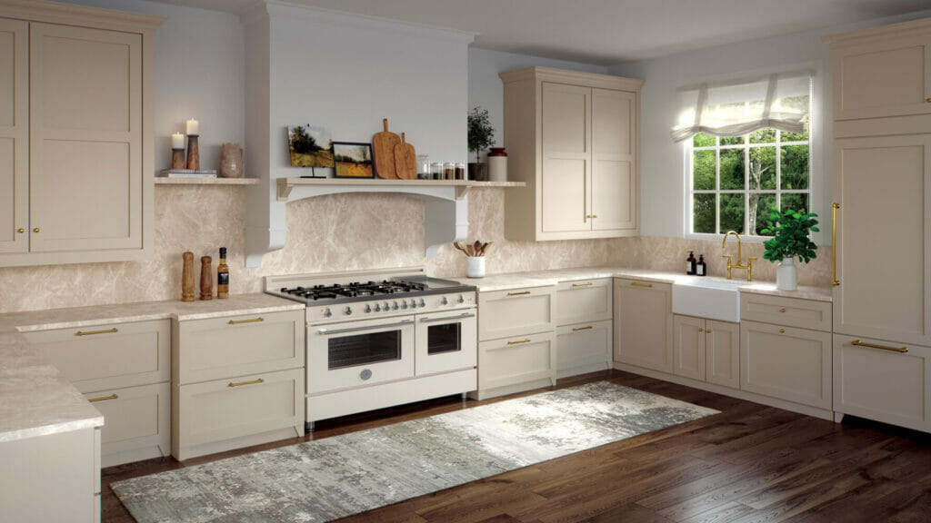 Contemporary kitchen featuring beige cabinetry, cream veined countertops, and a large gas stove for a modern home aesthetic.