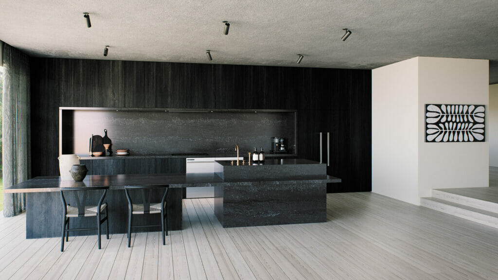 Modern kitchen featuring a sleek black countertop, wooden dining table, and minimalist decor in a spacious interior.