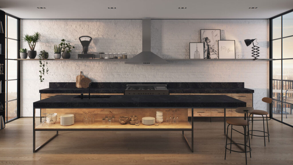 Modern kitchen featuring a dark earthy countertop with a honed finish, natural wood accents, and minimalist decor.