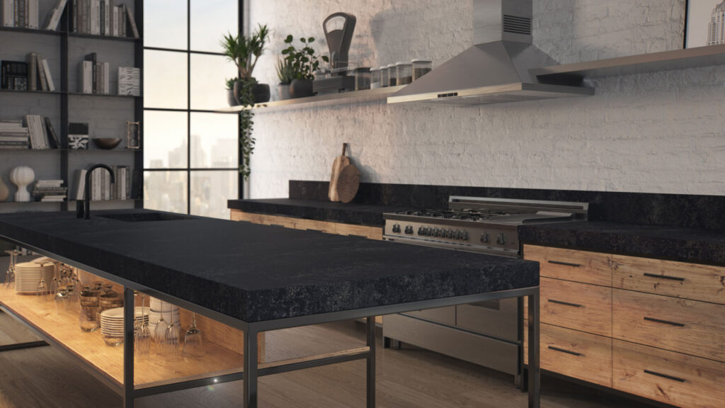 Modern kitchen featuring 5820 Darcrest countertop, dark earthy tones, and rustic wooden cabinets.