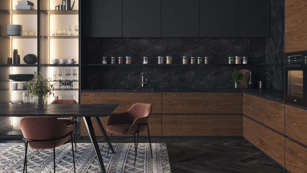 Modern kitchen design featuring dark earthy textures, wooden cabinets, stylish dining table, and elegant decor.