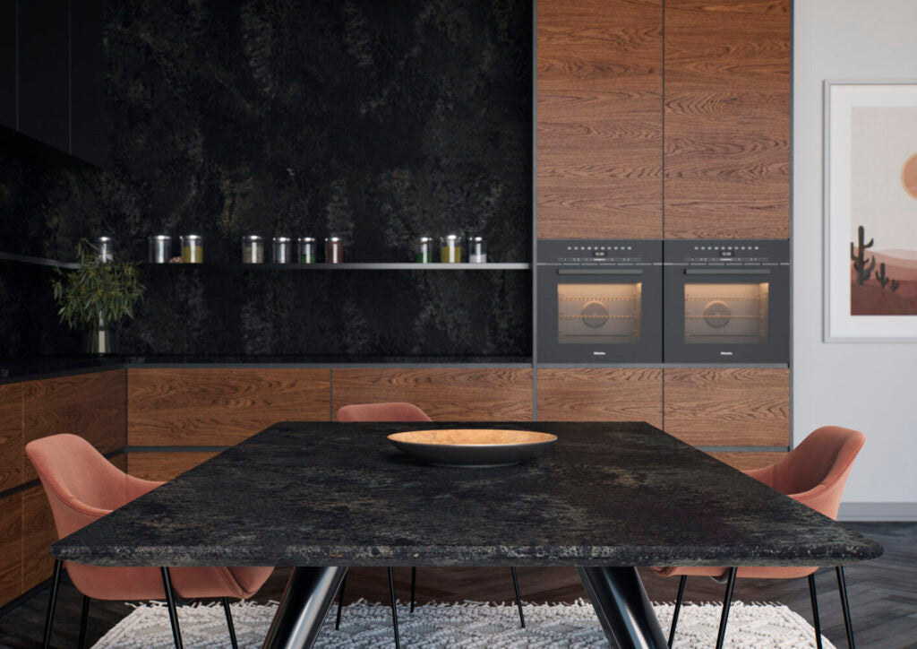 5820 Darcrest kitchen featuring dark earthy tones, honed finish, wooden cabinetry, and modern appliances.