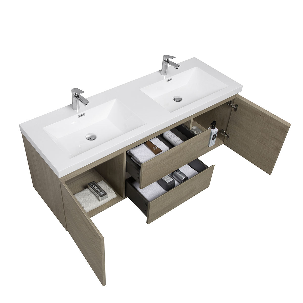 60" V9005 Angela Wall Hung Vanity & Acrylic Basin Double Sinks (E.Oak)