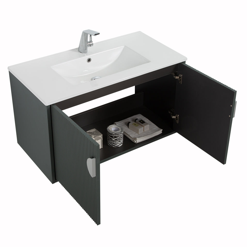 36" V9015 Series Wall Hung Vanity & Ceramic Sink (Ash Green)