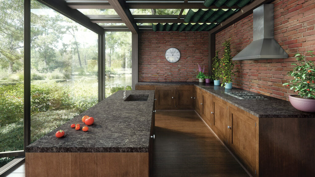 Modern kitchen featuring wooden cabinets and a dark countertop, with natural light and greenery visible through large windows.