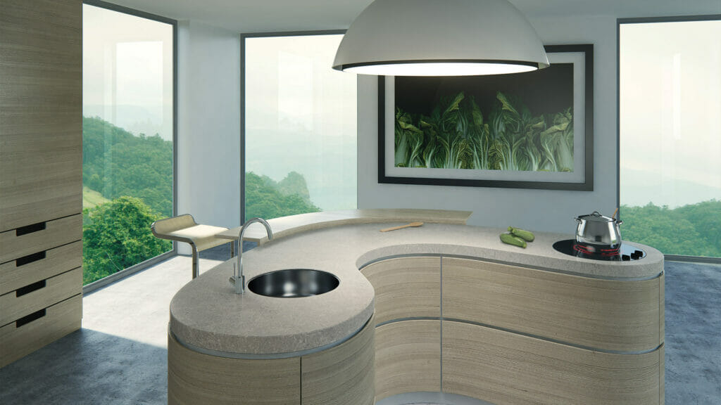 Modern kitchen design featuring curved countertop, sleek sink, and large windows with a scenic view.
