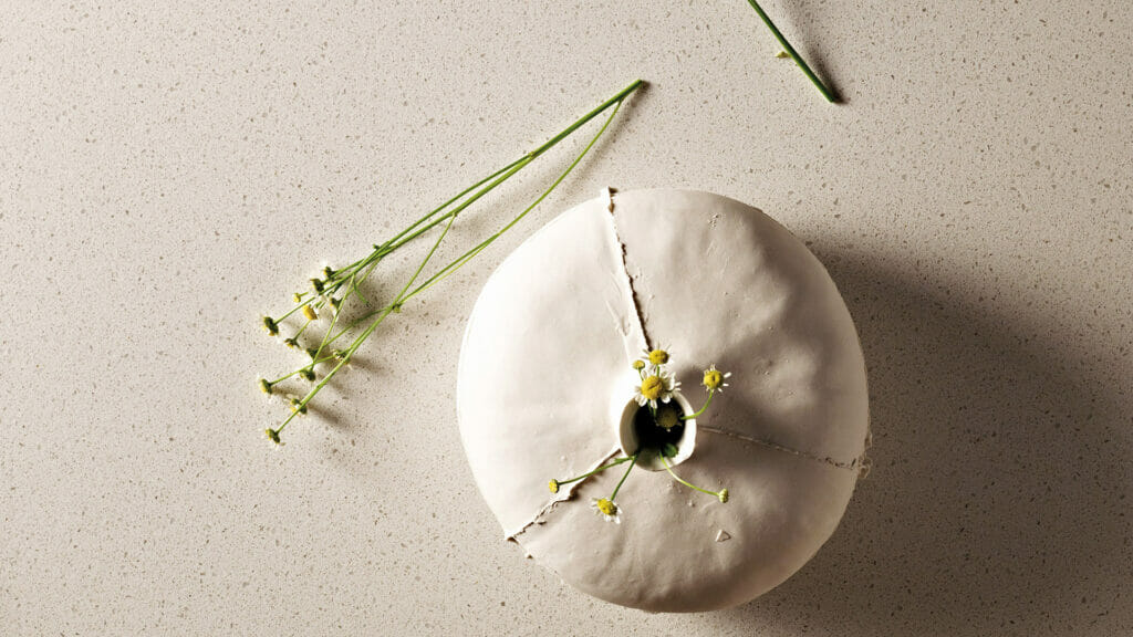 Decorative round white ceramic piece with flowers in a crack, set on a light speckled background.