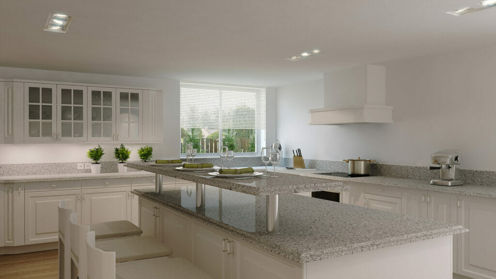 Modern kitchen featuring a light grey countertop with white cabinets and natural lighting, ideal for stylish home decor.