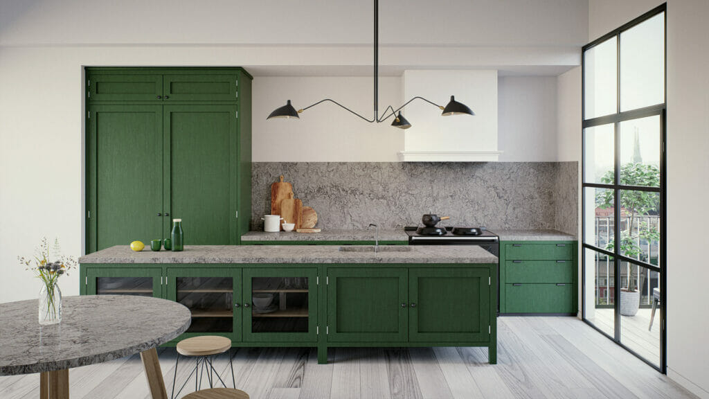 Modern kitchen featuring green cabinetry and 6313 Turbine Grey granite countertops with textured grey swirls and veins.