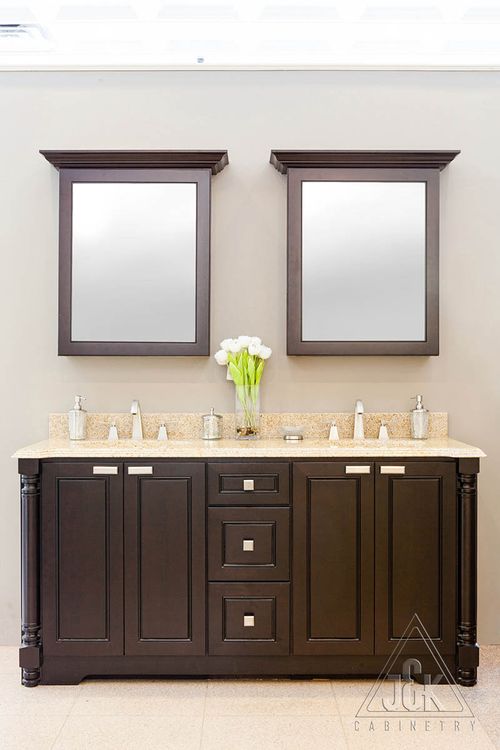 Espresso cabinet and vanity by J&K, featuring solid wood construction and dual mirrors with floral decor.