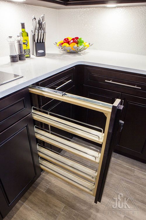 Espresso cabinet with pull-out shelves, showcasing superior craftsmanship and 100% solid wood construction by J&K.