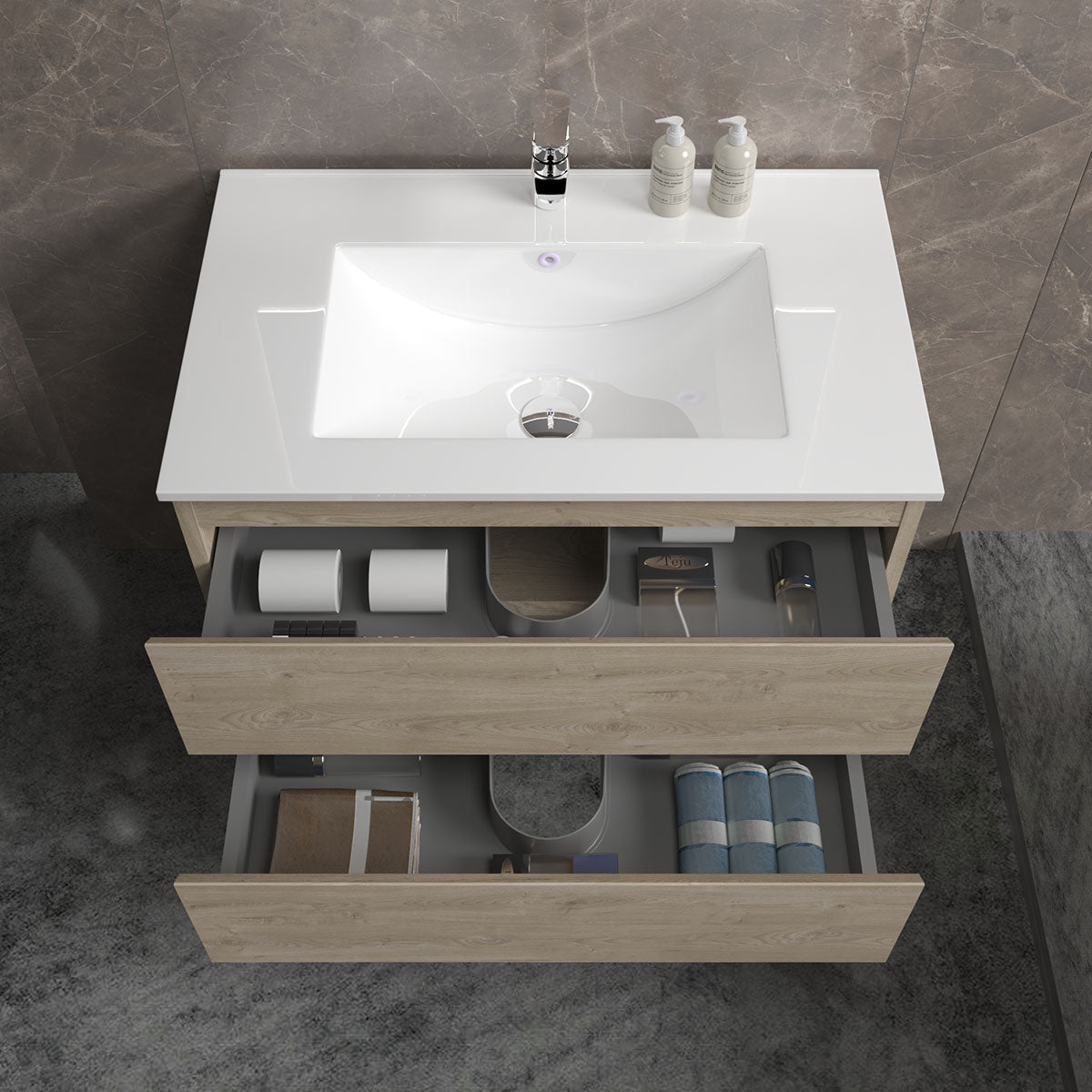 30" V9005 Angela Wall Hung Vanity & Ceramic Sink (E.Oak)