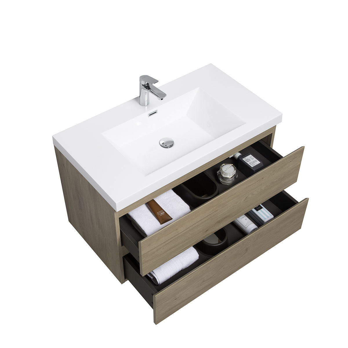 36" V9005 Angela Wall Hung Vanity & Acrylic Basin Sink (E.Oak)