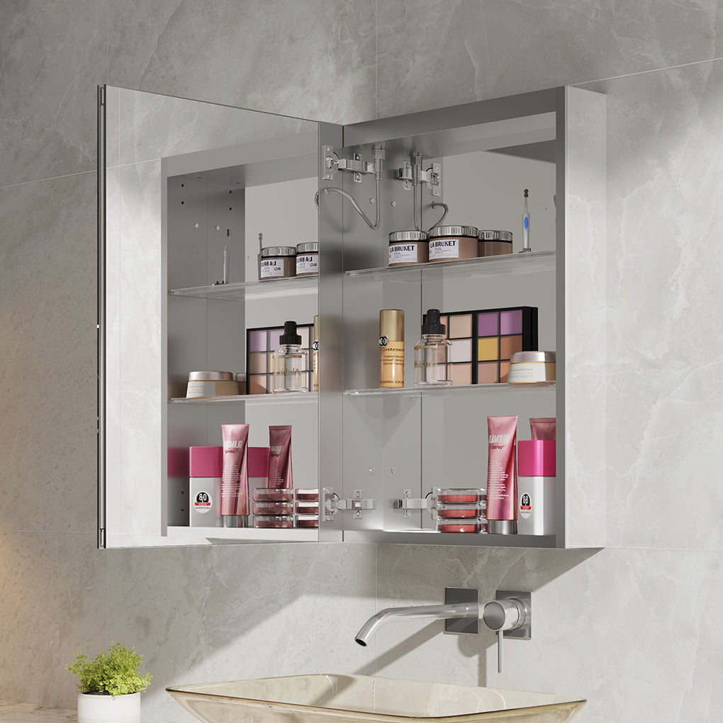 24" LED Model 3 Medicine Cabinets Left Hinge (Surface Mount/Recessed) Tempered Mirror 5X Stronger, Temperature Clock