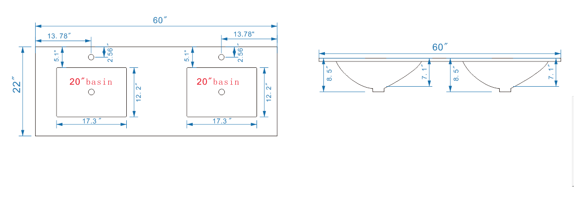 60" V9008 Vanity & Countertop Quartz Double Basins (Royal Blue)
