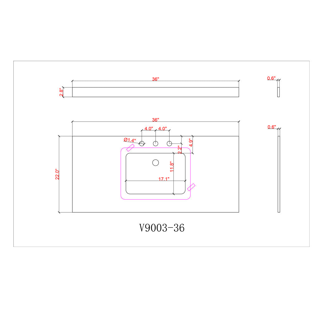 36" V9003 Vanity with Sintered Stone Countertop (Matte Grey)