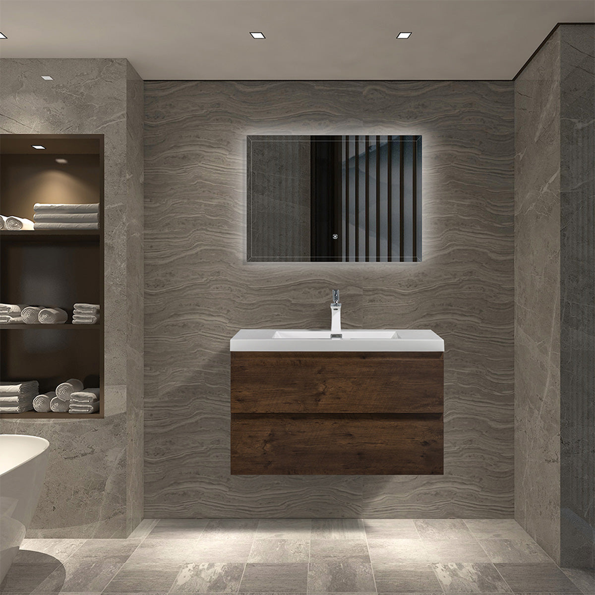 36" V9005 Angela Wall Hung Vanity & Acrylic Basin (Rose Wood)