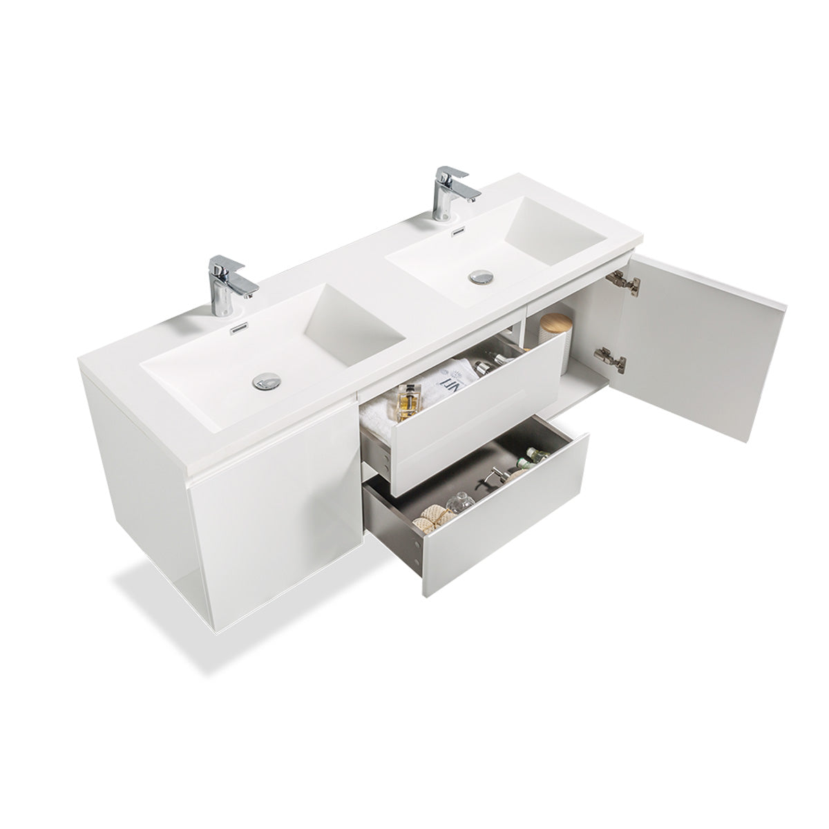60" V9005 Angela Wall Hung Vanity & Acrylic Double Basins (Glossy White)