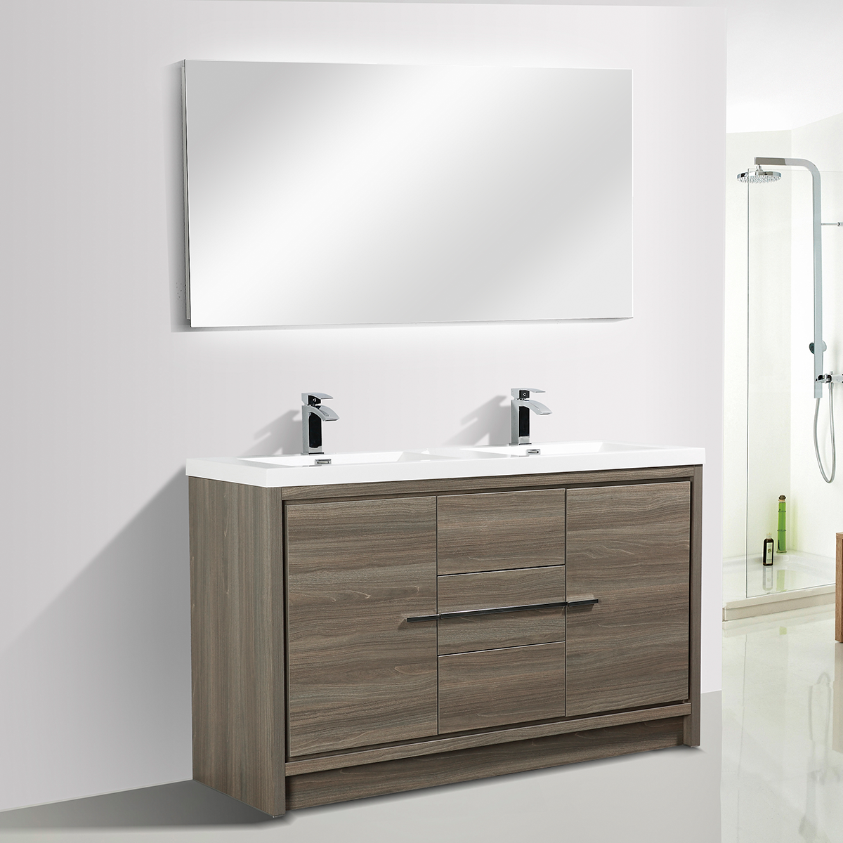 60" V9019 Allier Series Standing Vanity & Acrylic Basin Double Sink (Maple Grey)