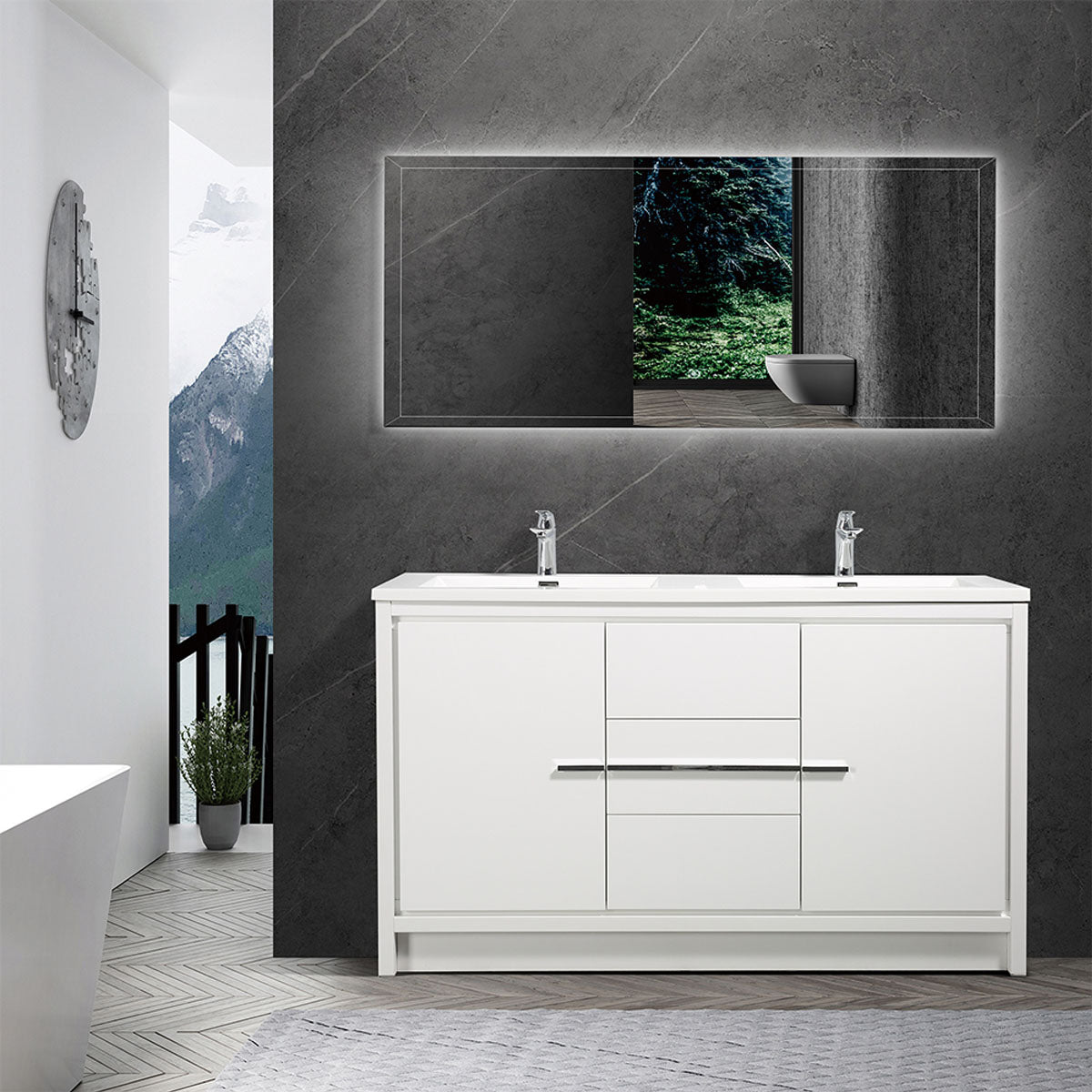 60" V9019 Allier Series Standing Vanity & Acrylic Basin Double Sink (Glossy White)