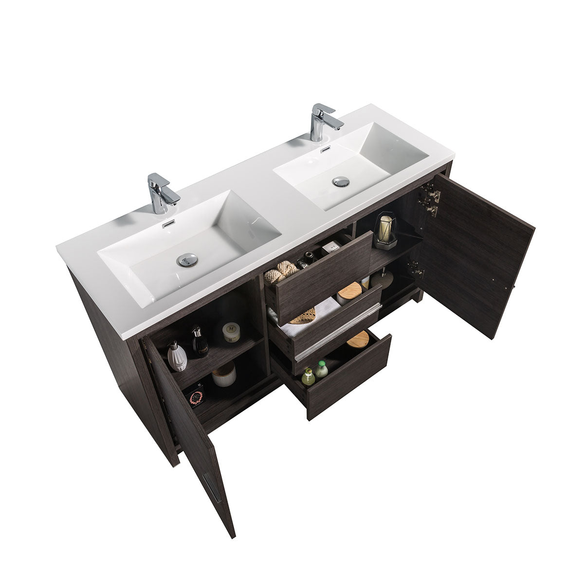 60" V9019 Allier Series Standing Vanity & Acrylic Basin Double Sink (Leached Oak)