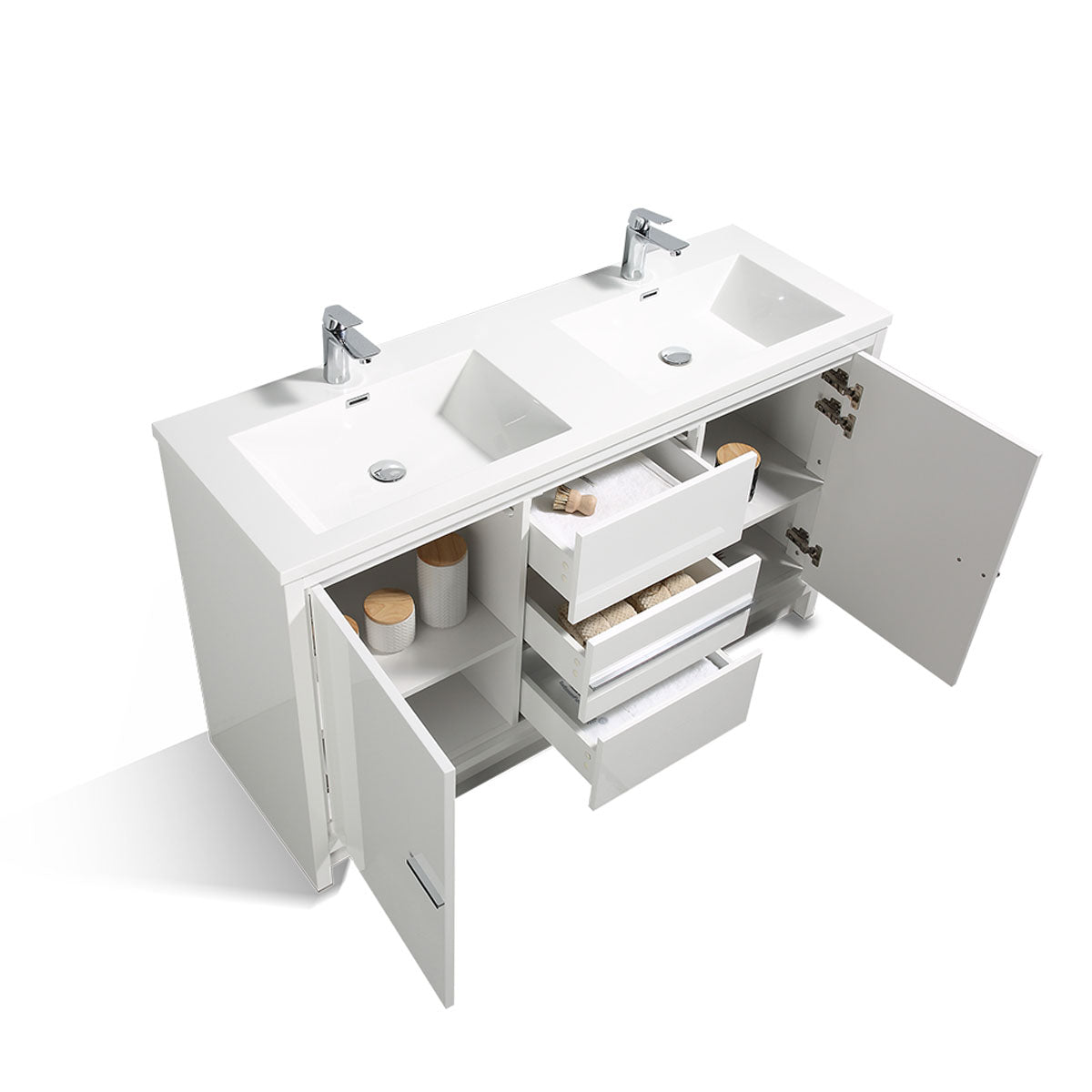 60" V9019 Allier Series Standing Vanity & Acrylic Basin Double Sink (Glossy White)