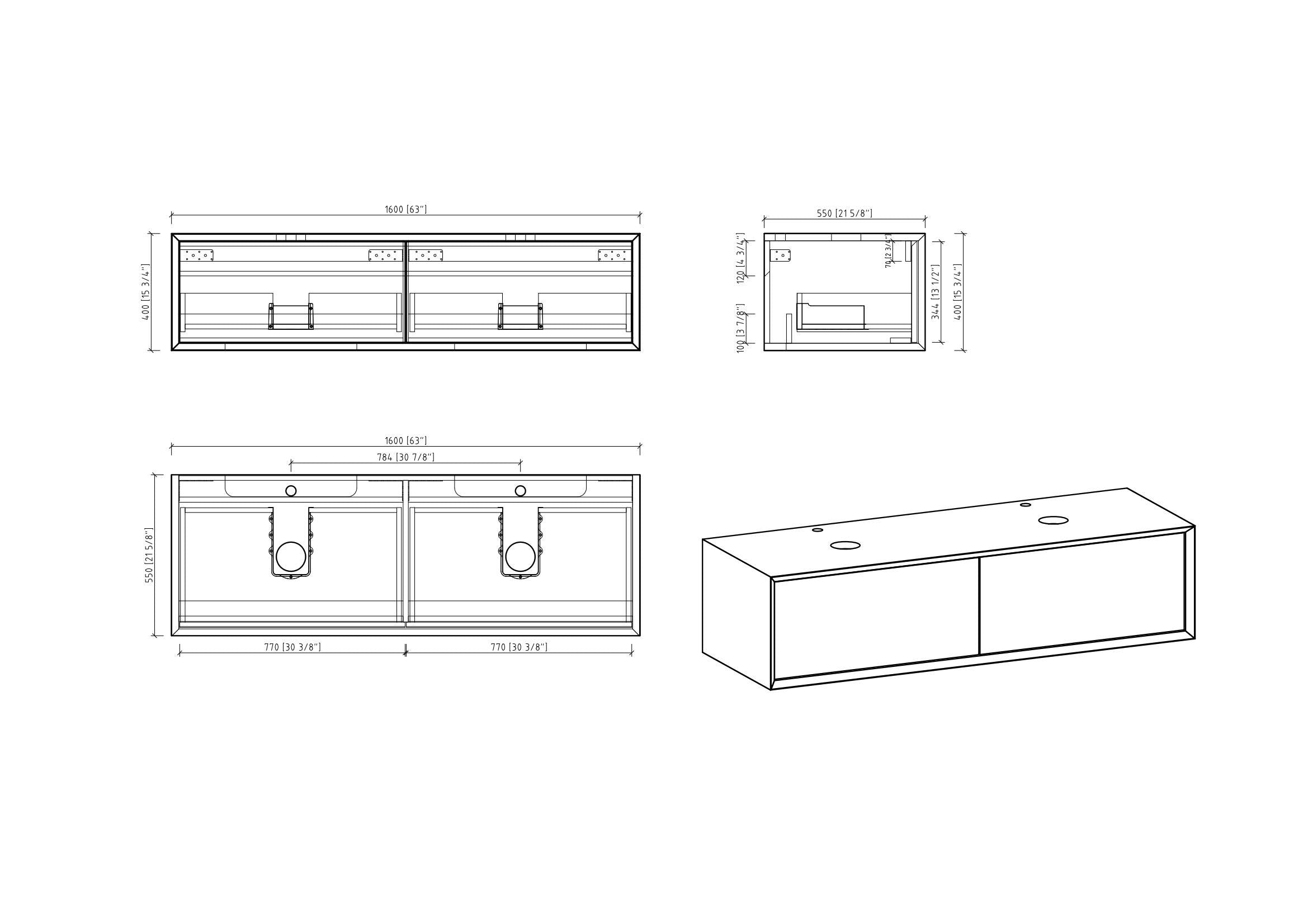 63" V9013 Fiona Series Wall Hung Vanity & Acrylic Double Basins (Matte White / Fural Oak)