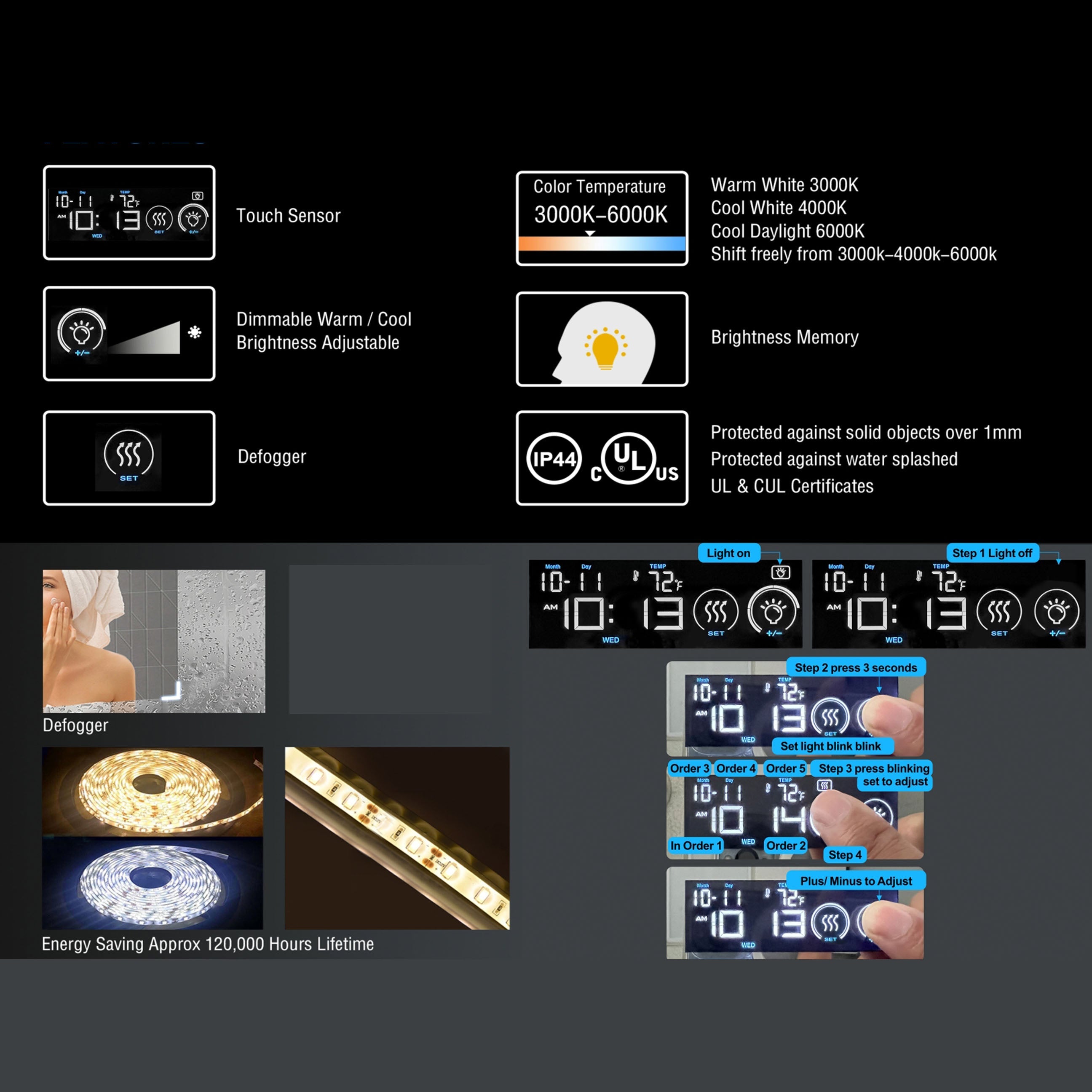 24" LED Model 3 Medicine Cabinets Left Hinge (Surface Mount/Recessed) Tempered Mirror 5X Stronger, Temperature Clock